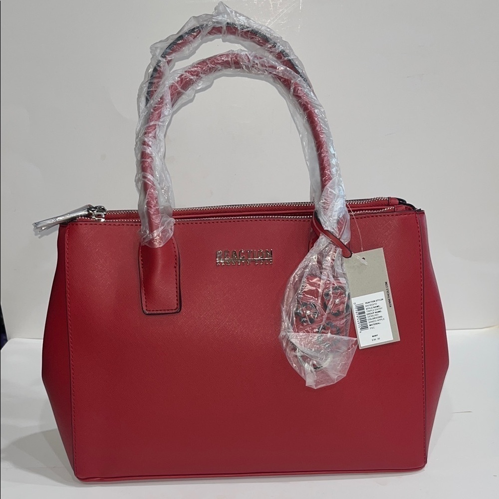 REACTION KENNETH COLE SHOULDER STRAP TRIPLE ENTRY SATCHEL, RED, W/BAG CHARM, NWT